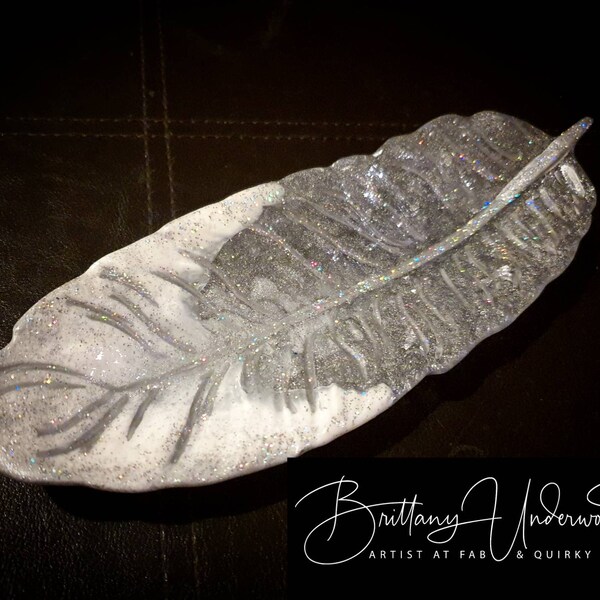 Silver Sparkle Resin Feather Ring Dish