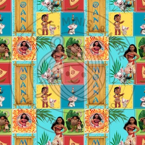 May include: A repeating pattern featuring characters and elements from the animated film Moana. The design includes images of Moana, Maui, Pua, Hei Hei, and decorative elements on a blue, yellow, and red background.