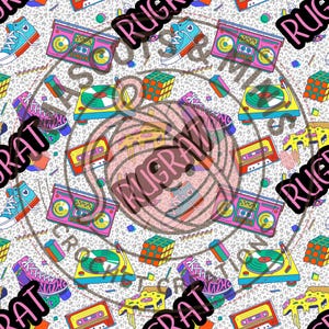 May include: A repeating pattern featuring 1980s-themed illustrations. The design includes boomboxes, roller skates, cassette tapes, Rubik's cubes, pizza slices, and sneakers in vibrant colors like pink, blue, yellow, and purple, set against a speckled background.