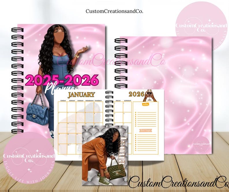 May include: A spiral-bound planner with a pink cover featuring an illustration of a woman and the text "2025-2026 Planner." The open planner shows a calendar for January 2026 and a lined notes page. The planner has a pink background.