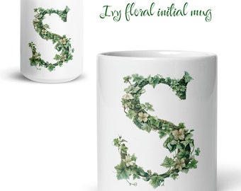Ivy Floral Initial Mug, Green Letter Mug, Gift for Coffee Tea Plant Lover