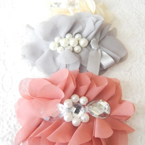 Coral cream grey chiffon hair barrette, floaty bridal or party ponytail clip, accessory for thick hair, pearl bridal hair accent, 3 colors image 1