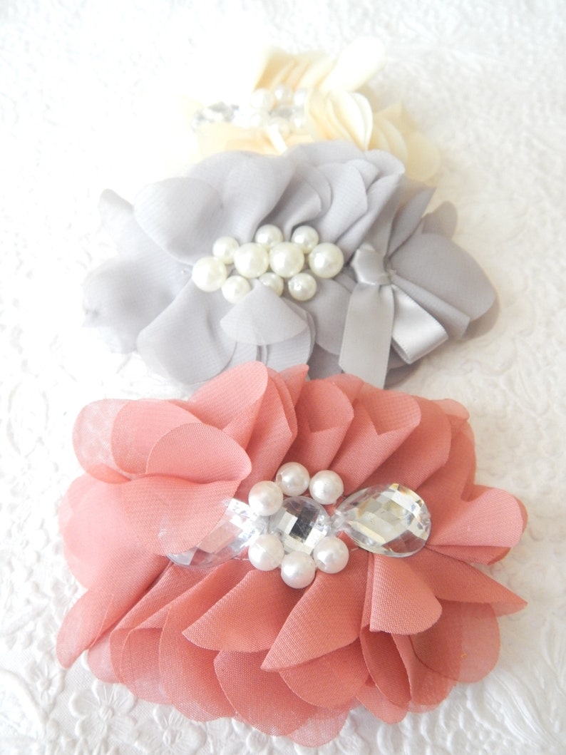 Coral cream grey chiffon hair barrette, floaty bridal or party ponytail clip, accessory for thick hair, pearl bridal hair accent, 3 colors image 1