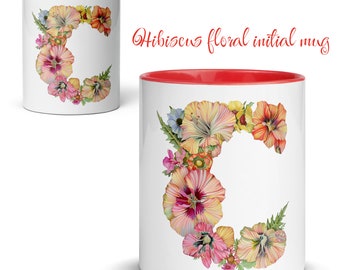 Hibiscus Initial Mug, Red letter Mug, Gift for Coffee Tea Plant Enthusiast