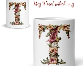 Big Floral Initial Cup, Pink Letter Mug, Gift for flower plant nature coffee tea lover