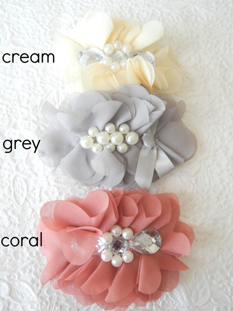 Coral cream grey chiffon hair barrette, floaty bridal or party ponytail clip, accessory for thick hair, pearl bridal hair accent, 3 colors image 4