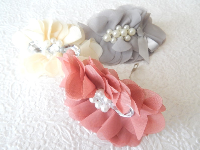 Coral cream grey chiffon hair barrette, floaty bridal or party ponytail clip, accessory for thick hair, pearl bridal hair accent, 3 colors image 3