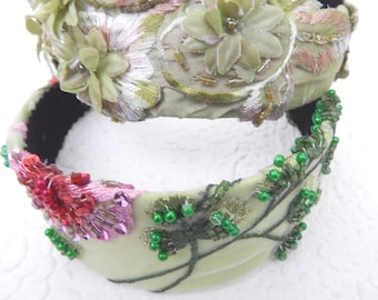 FAIRY green pink beaded  headbands, floral hair accessory, headbands for women, thin and wide headband