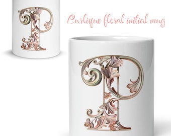 Curlique Initial Mug, Pink letter Mug, Gift for Coffee Tea Plant Enthusiast