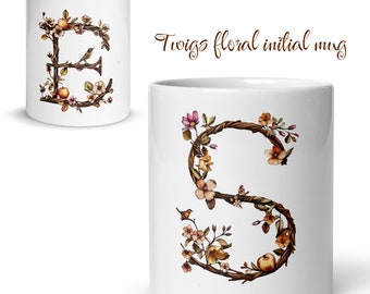 Twig floral initial cup, mustard color letter cup