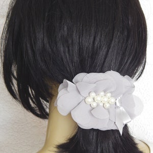 Coral cream grey chiffon hair barrette, floaty bridal or party ponytail clip, accessory for thick hair, pearl bridal hair accent, 3 colors image 7
