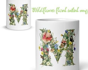 Wildflower Initial Mug, Green Letter Mug, Gift for Coffee Tea Plant Lover