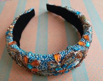 Blue orange beaded padded headband, spring headband,  1.75 inches