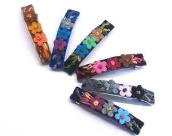 Floral embroidered velvet hair barrette, bridal hair clip, mother's day gift, thick hair clip barrette, garden party accessory