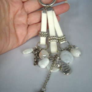 White Silver Charm Necklace Pendant: Chain, Rings, Starfish,Hearts, Shells, Acrylic Beads, Mother of Pearl image 3