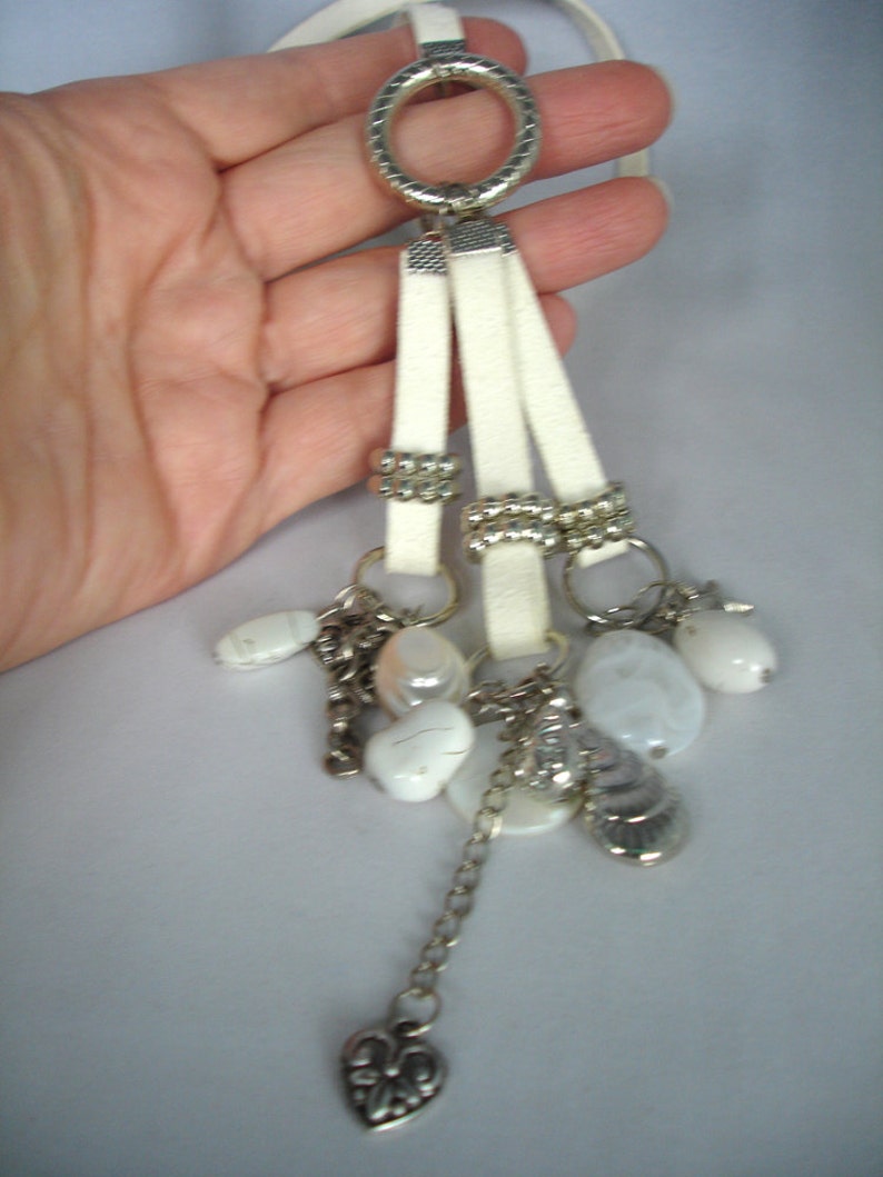 White Silver Charm Necklace Pendant: Chain, Rings, Starfish,Hearts, Shells, Acrylic Beads, Mother of Pearl image 3