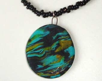 Green-black marbled polymer clay necklace