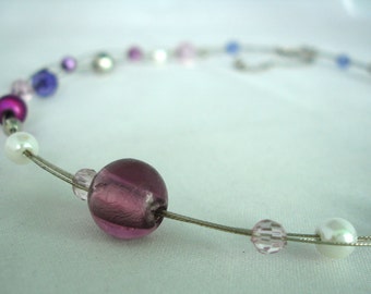 Multilayered Purple, White and Clear Acrylic and Glass Bead Necklace - 3 Strands - Nylon Coated Wire