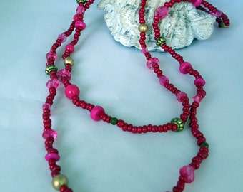 Red Pink & Golden Seed Bead Necklace -  Fashion Jewelry - Summer Necklace - Extralong - Beaded - Gift Idea - Multilayered - Bracelet