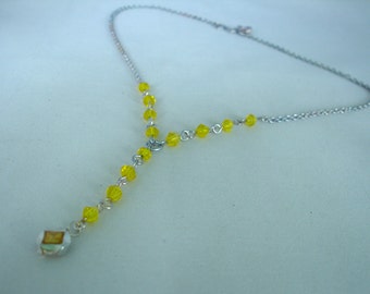 Yellow  Glass - Acrylic - Pendant Necklace - Y Necklace - Chain - Diamond shaped Crystal Beads- Summer Jewelry