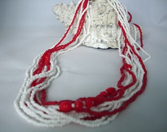 Red & White Multilayered Seed Bead Necklace -  Fashion Jewelry - Summer Necklace - Multistranded - Beaded - Gift Idea