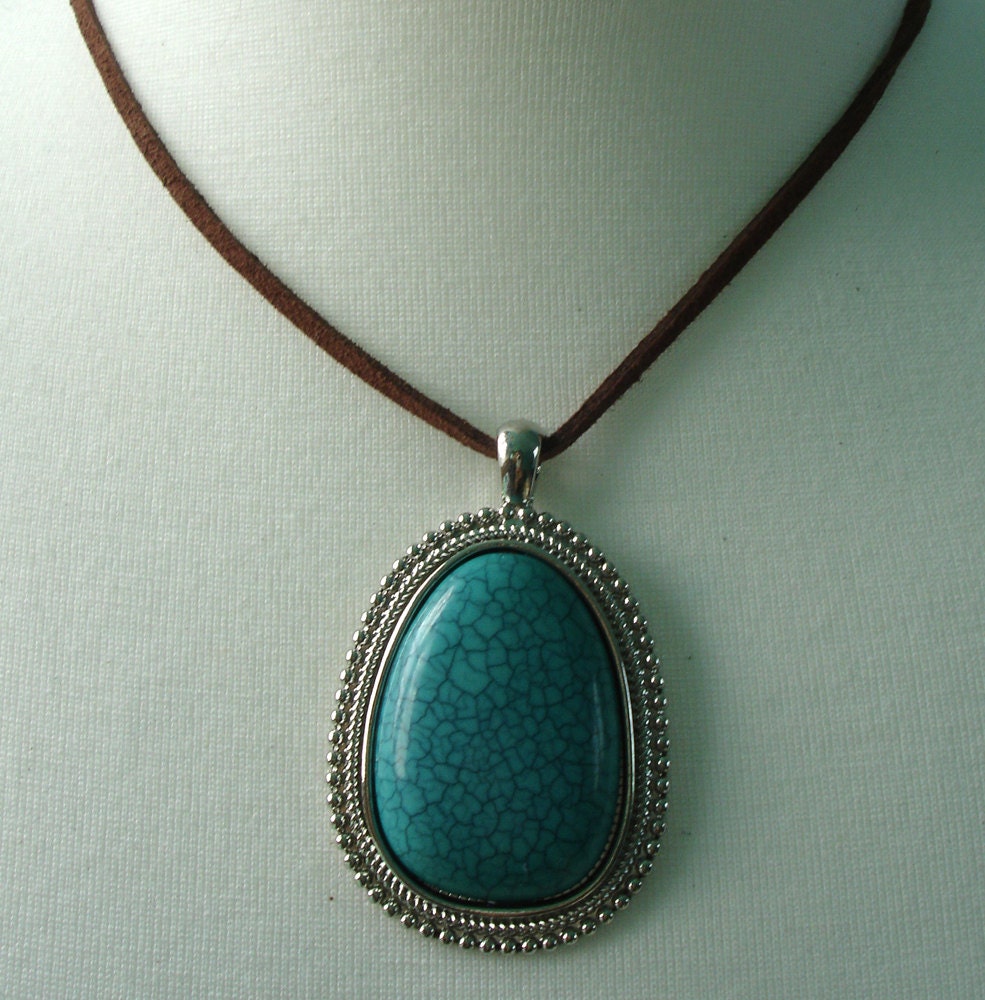 Fake Turquoise Pendant Necklace With Brown Suede Cord - Etsy