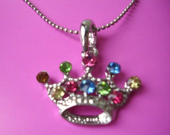 crown colourful rhinestones pendant necklace vintage