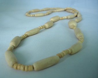 Wooden tube beads necklace - beige, cream, cubes, round beads - long necklace