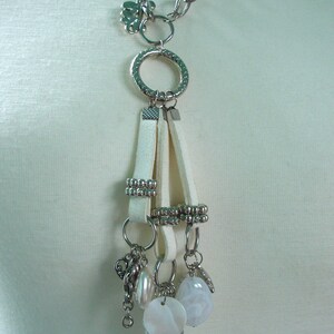 White Silver Charm Necklace Pendant: Chain, Rings, Starfish,Hearts, Shells, Acrylic Beads, Mother of Pearl image 5