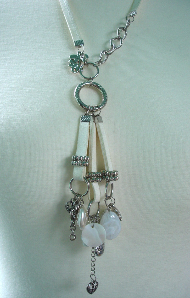 White Silver Charm Necklace Pendant: Chain, Rings, Starfish,Hearts, Shells, Acrylic Beads, Mother of Pearl image 5