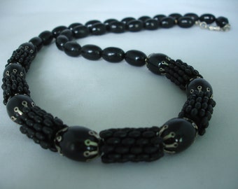 Black Beaded Necklace - Big Long Oval Acrylic Beads - 26" - Beadwork - Metal Spacers - Barrel Closure