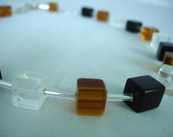 Topas-Black- Clear Cubes Necklace - Glass Beads - Opal cube beads - Summer Necklace