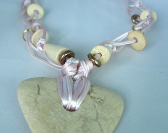 Marble Cream Marble Stone Necklace - Wood, Satin, Fibre Cord - Triangle Shaped Pendant - Cone, Disc Beads - Knotted