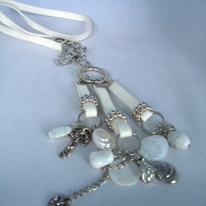 White Silver Charm Necklace Pendant: Chain, Rings, Starfish,Hearts, Shells, Acrylic Beads, Mother of Pearl image 2