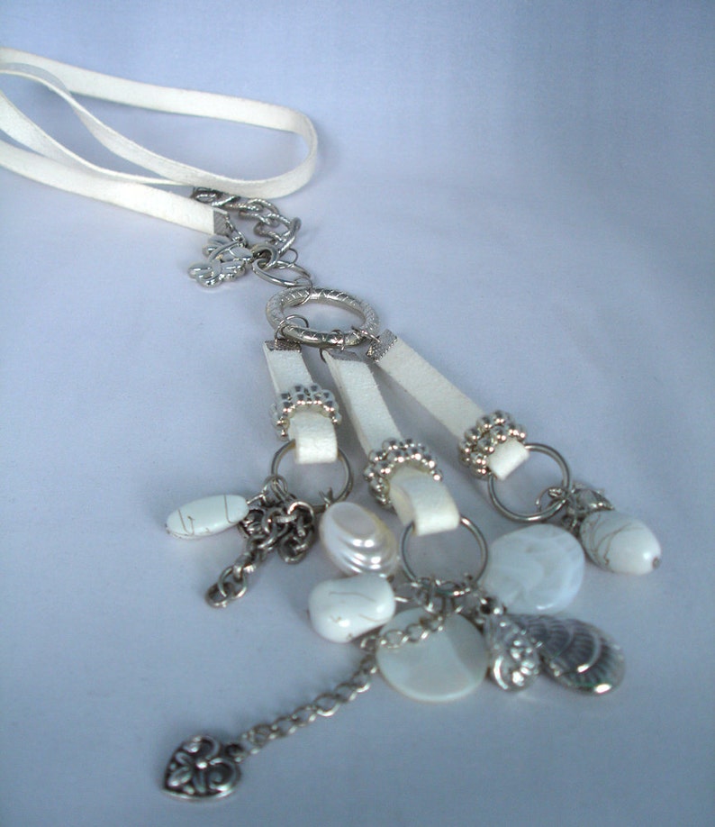 White Silver Charm Necklace Pendant: Chain, Rings, Starfish,Hearts, Shells, Acrylic Beads, Mother of Pearl image 2