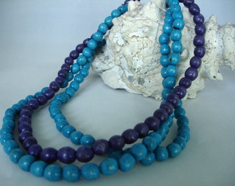 3 Wooden round beads necklaces - purple & teal- tightfitting necklaces - Adjustable - Elastic Cord - Fashion Jewelry - Gift idea