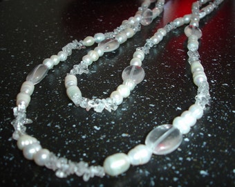 Long freshwater pearl necklace with rock crystal