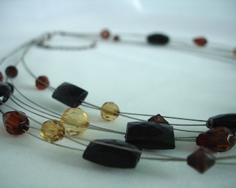 Multilayered Black, Brown and Yellow Acrylic and Glass Bead Necklace - 3 Strands