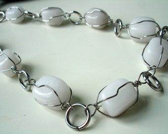 Wire wrapped white jade necklace