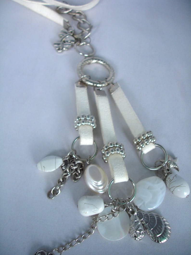 White Silver Charm Necklace Pendant: Chain, Rings, Starfish,Hearts, Shells, Acrylic Beads, Mother of Pearl image 1