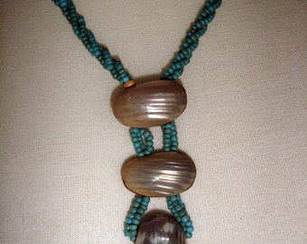 Mother of pearl, wood and aqua seed beads necklace