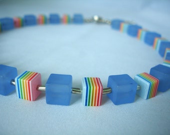 Multi Colored Resin & Acrylic Beads Necklace - Cube shaped beads - Sky Blue Matt - Striped Beads