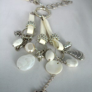 White Silver Charm Necklace Pendant: Chain, Rings, Starfish,Hearts, Shells, Acrylic Beads, Mother of Pearl image 4