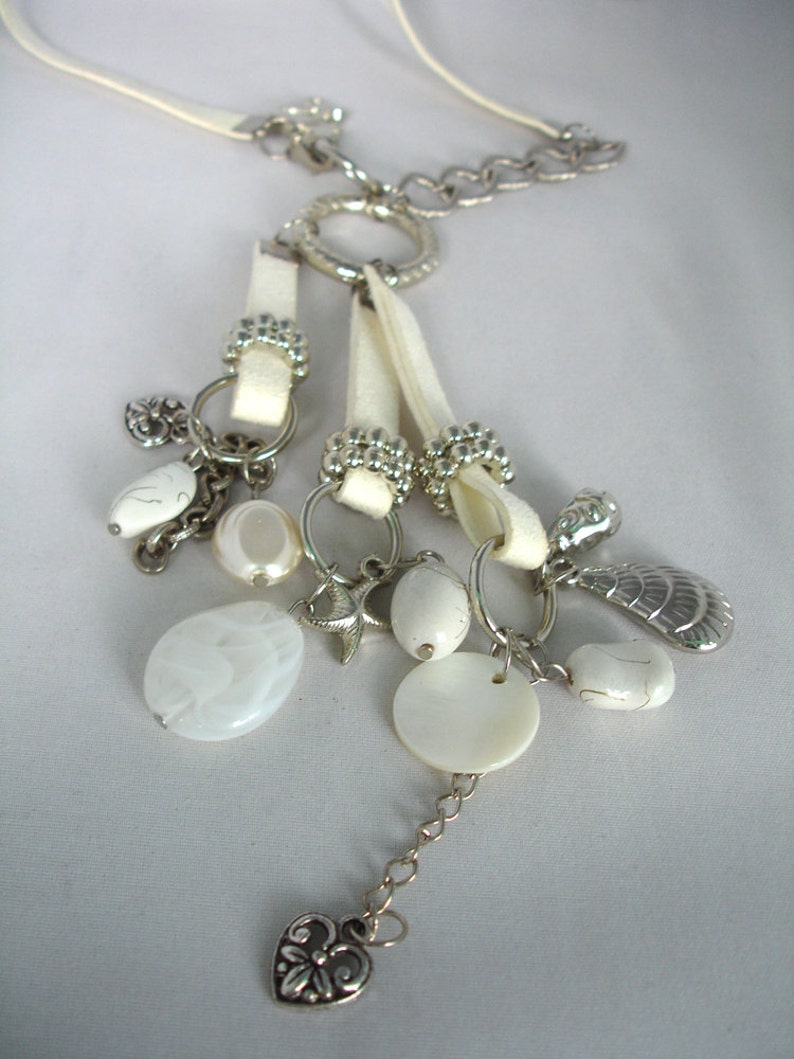 White Silver Charm Necklace Pendant: Chain, Rings, Starfish,Hearts, Shells, Acrylic Beads, Mother of Pearl image 4