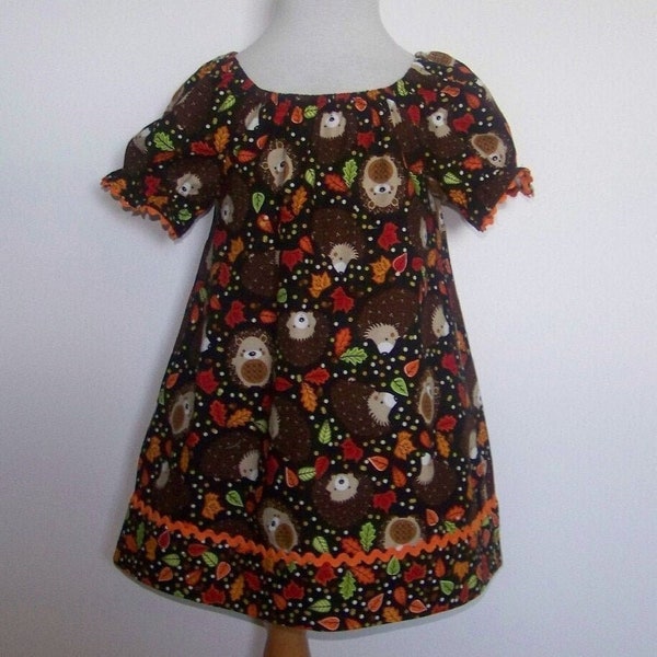 Girls Dress Brown Hedgehog and  Leaf Print Cotton Peasant Style Dress with Orange Rick Rack Trim Infant and Toddler Clothing