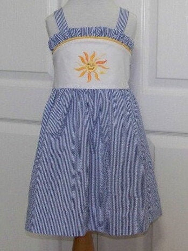 blue and white seersucker dress