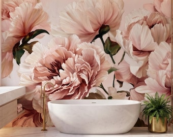 Blush Pink Peony Floral Wallpaper Mural, Oversized Botanical Wall Mural