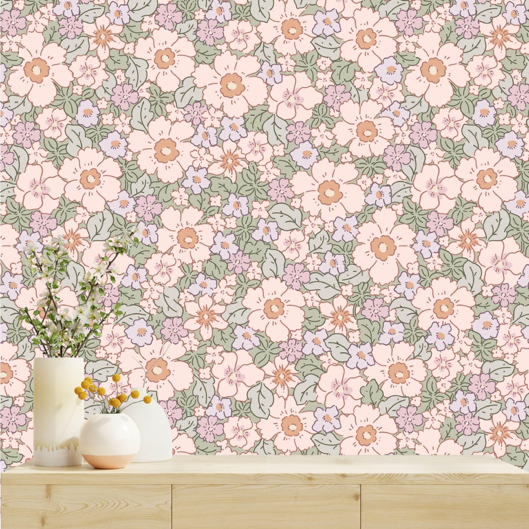 Pastel Floral Wallpaper, Pink Botanical Wall Mural, Cottagecore Flower