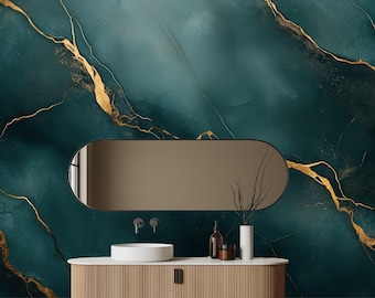 Emerald Green Marble Wallpaper, Abstract Wall Mural, Dark Teal Peel and Stick or Traditional Wall Mural