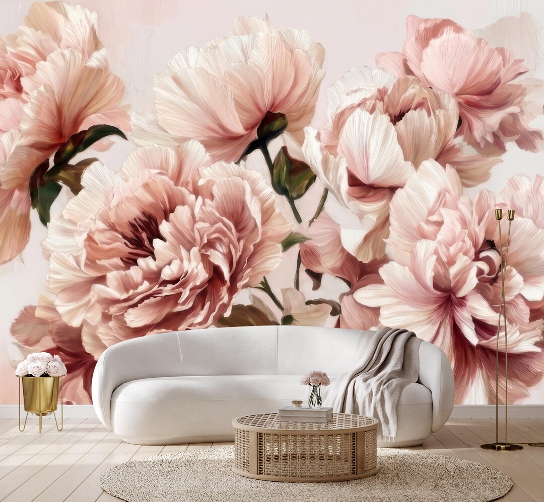 Blush Peony Wall Mural, Large Pink Floral Peel and Stick or Traditional ...